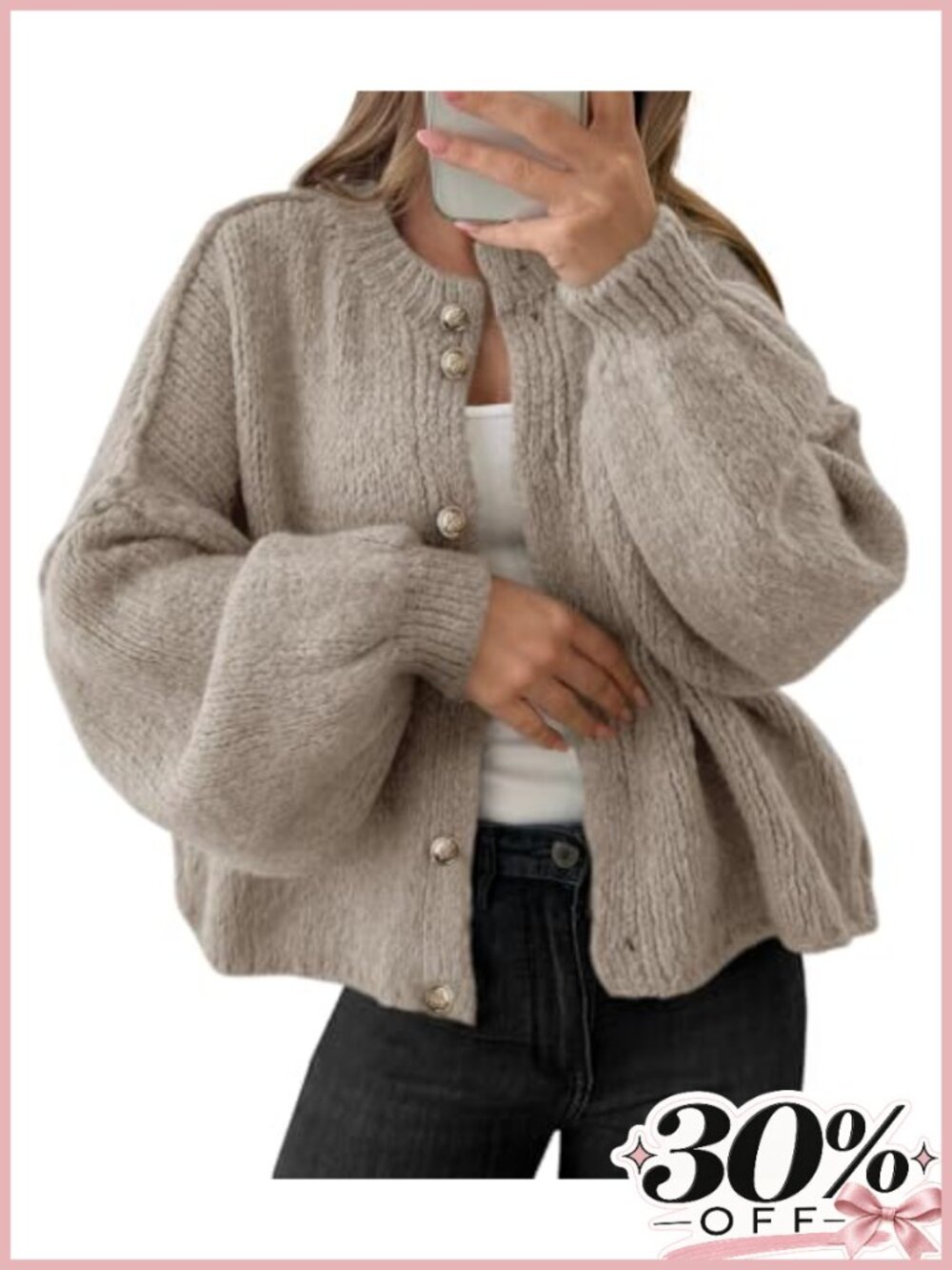 Oversized Chunky Knit Button Up Cardigan Long Lantern Sleeve Sweater